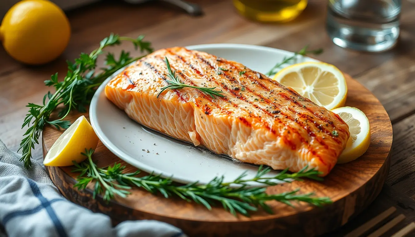 Trancio di salmone grigliato con limone ed erbe su tavola rustica