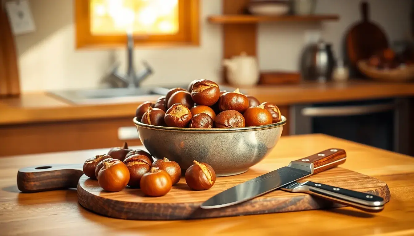 Ciotola di castagne arrostite su un bancone da cucina in legno con coltello specifico e luce calda naturale.