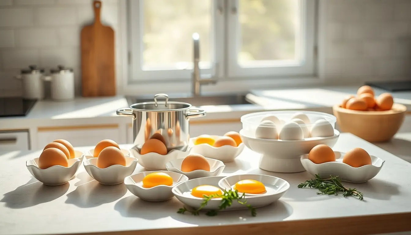 Diverse preparazioni di uova su un bancone da cucina moderno con strumenti professionali