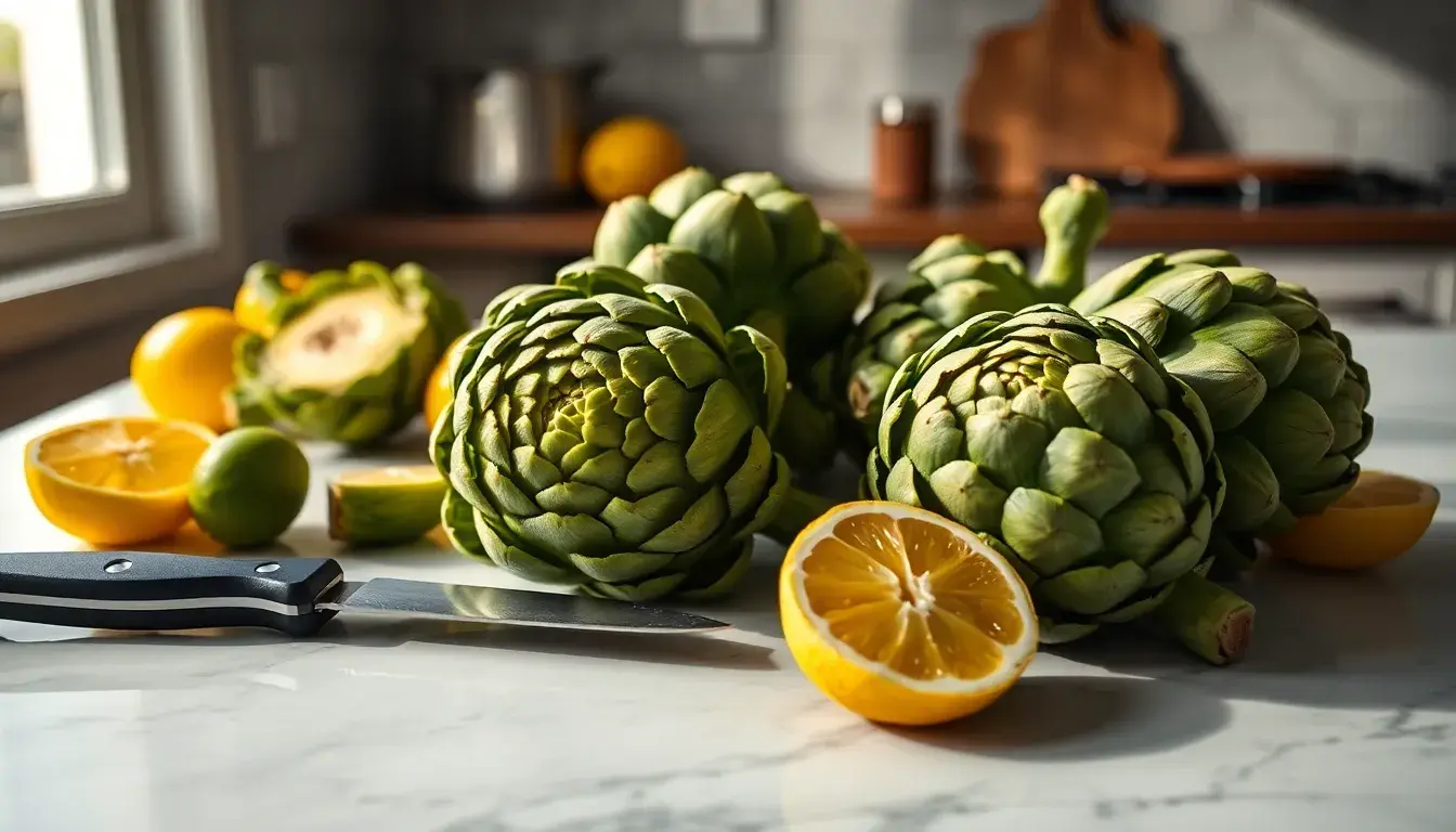 Fresh artichokes and professional kitchen tools on a marble prep station.
