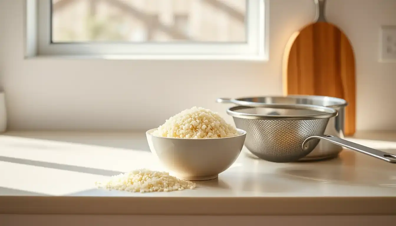 Ciotola di quinoa cotta perfettamente con strumenti da cucina professionali su un bancone luminoso