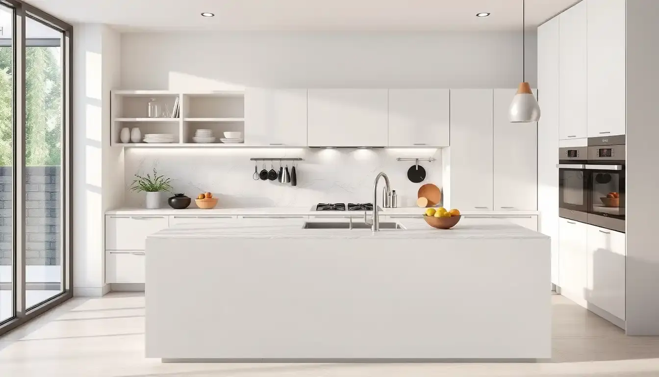 Cucina moderna con accessori componibili cucina organizzati su bancone in marmo e scaffali.