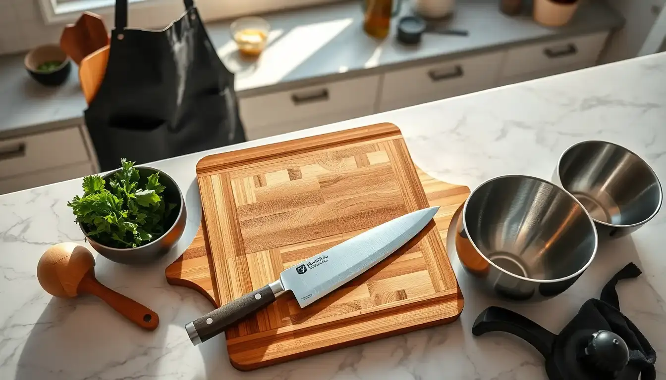 Set di attrezzatura per corso cucina con coltello, tagliere e ciotole su marmo