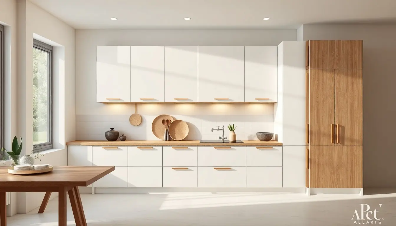 Cucina bianca e legno moderna con accessori minimalisti e luce naturale calda