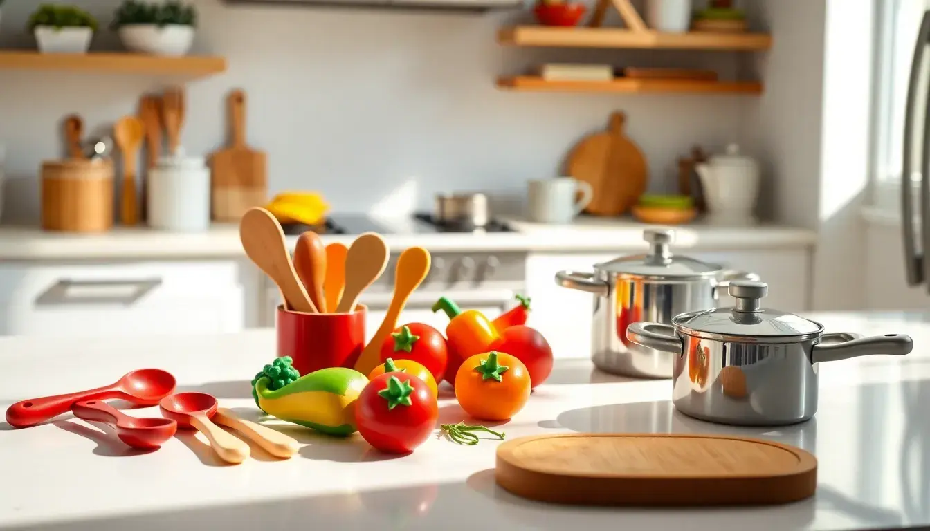 Accessori colorati per cucina giocattolo disposti su un piano di lavoro moderno e luminoso.
