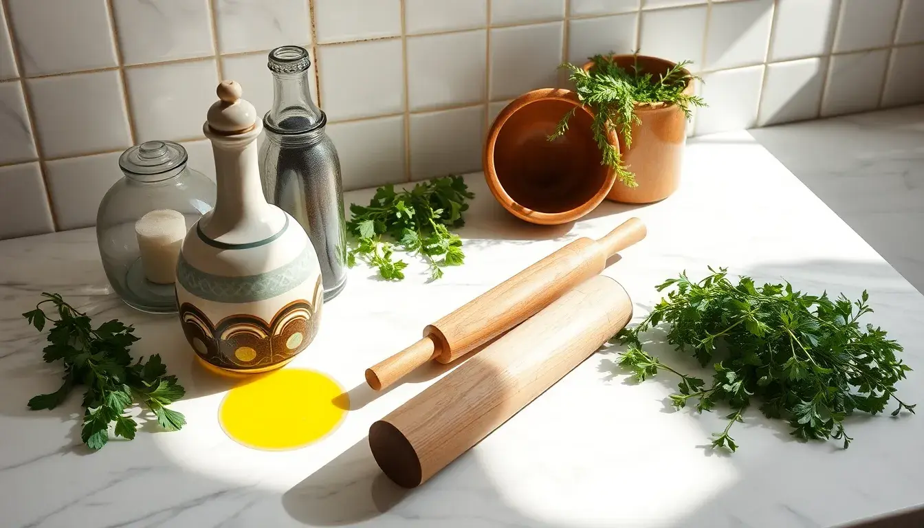 Strumenti essenziali per cucina greca su un piano di marmo soleggiato