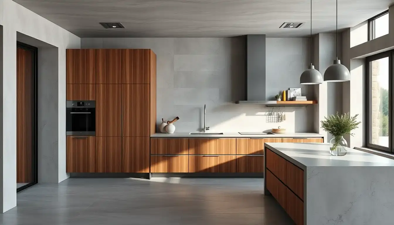 Cucina muratura moderna in cemento con dettagli in legno e luce naturale