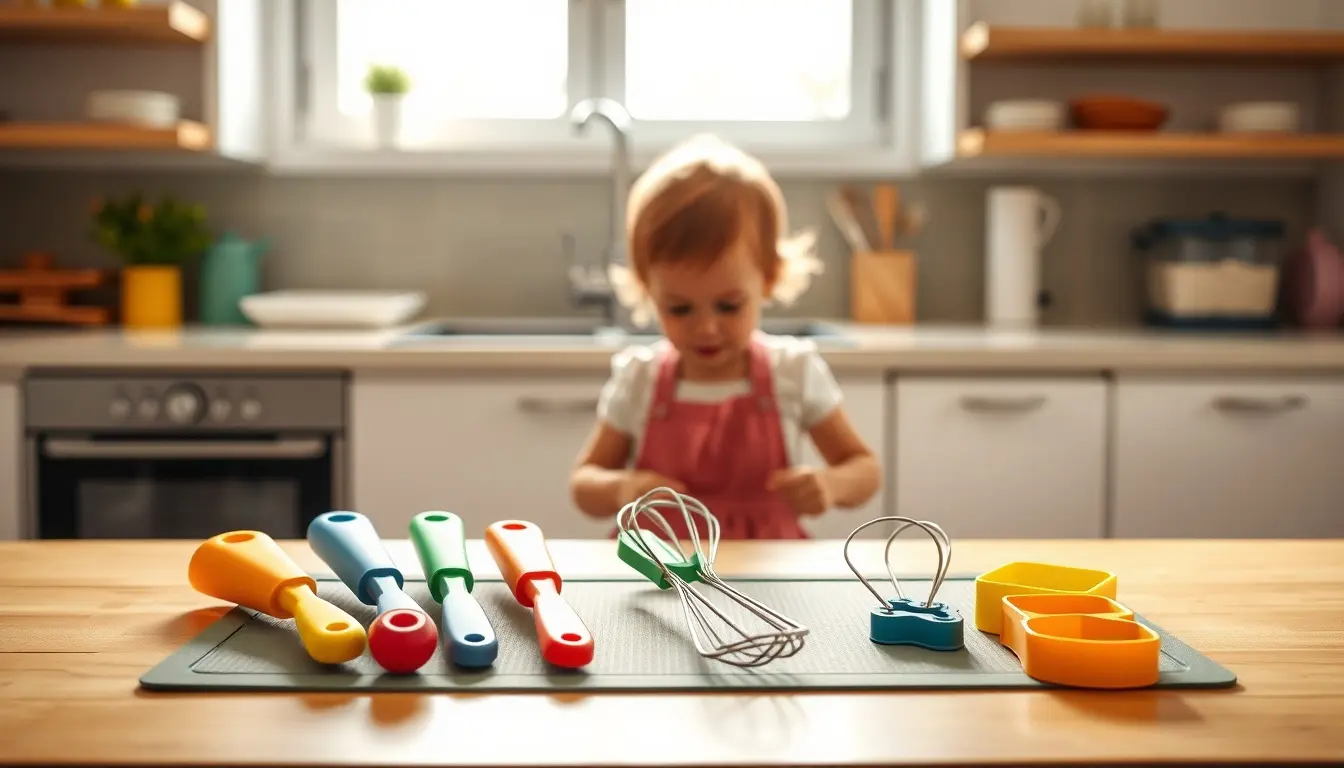 Genitore e bambino cucinano insieme con utensili sicuri colorati in una cucina luminosa