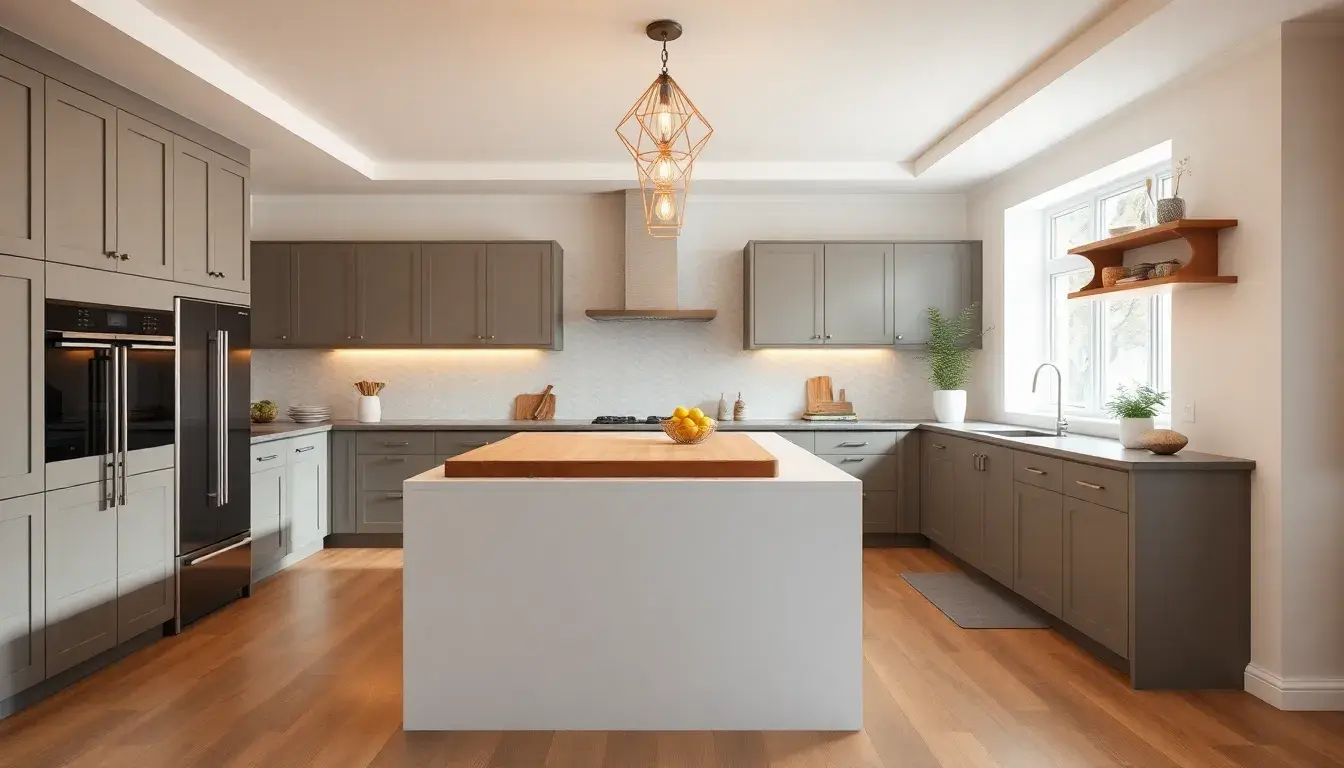Cucine con isola centrale eleganti con accessori in legno e sgabelli moderni