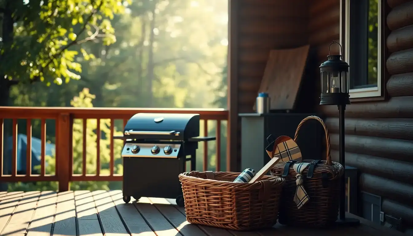Configurazione accogliente di cucine esterne con grill portatile e accessori su un ponte in legno al tramonto