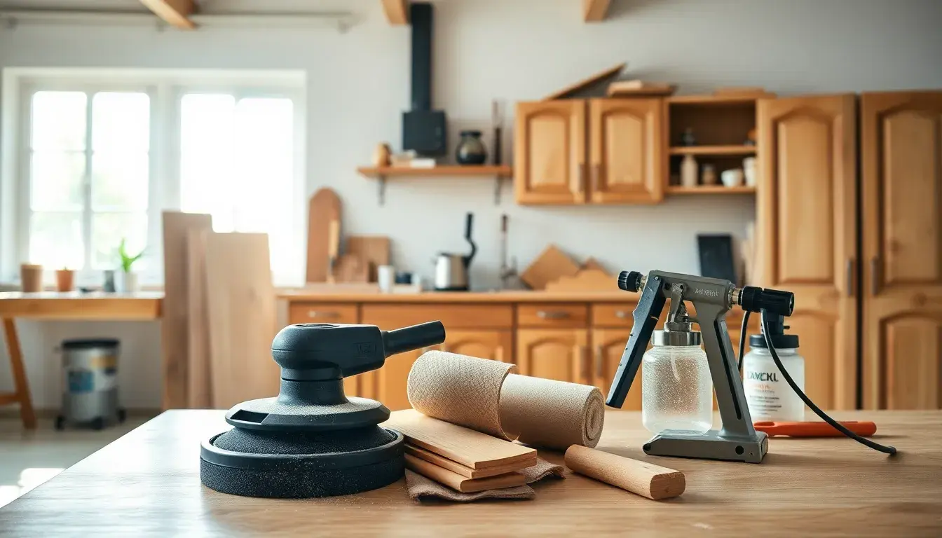 Strumenti professionali per il restauro di cucine usate su un banco da lavoro soleggiato
