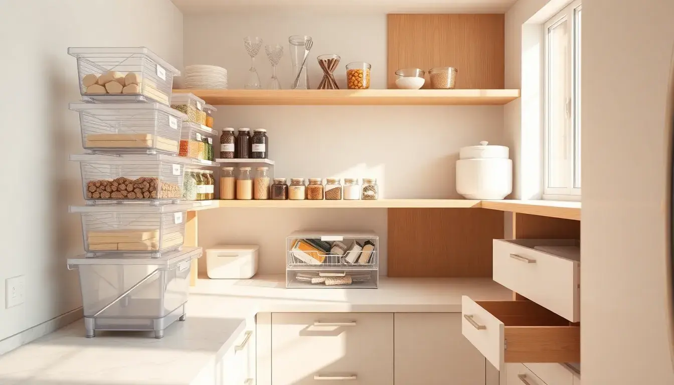 Dispensa per la cucina perfettamente organizzata con contenitori trasparenti e barattoli in vetro su scaffali moderni.