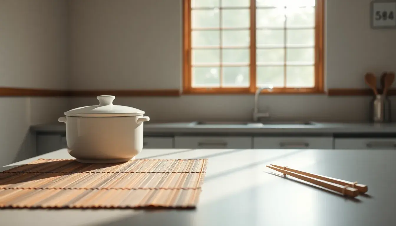 Set di utensili per cucina casalinga giapponese su bancone in legno
