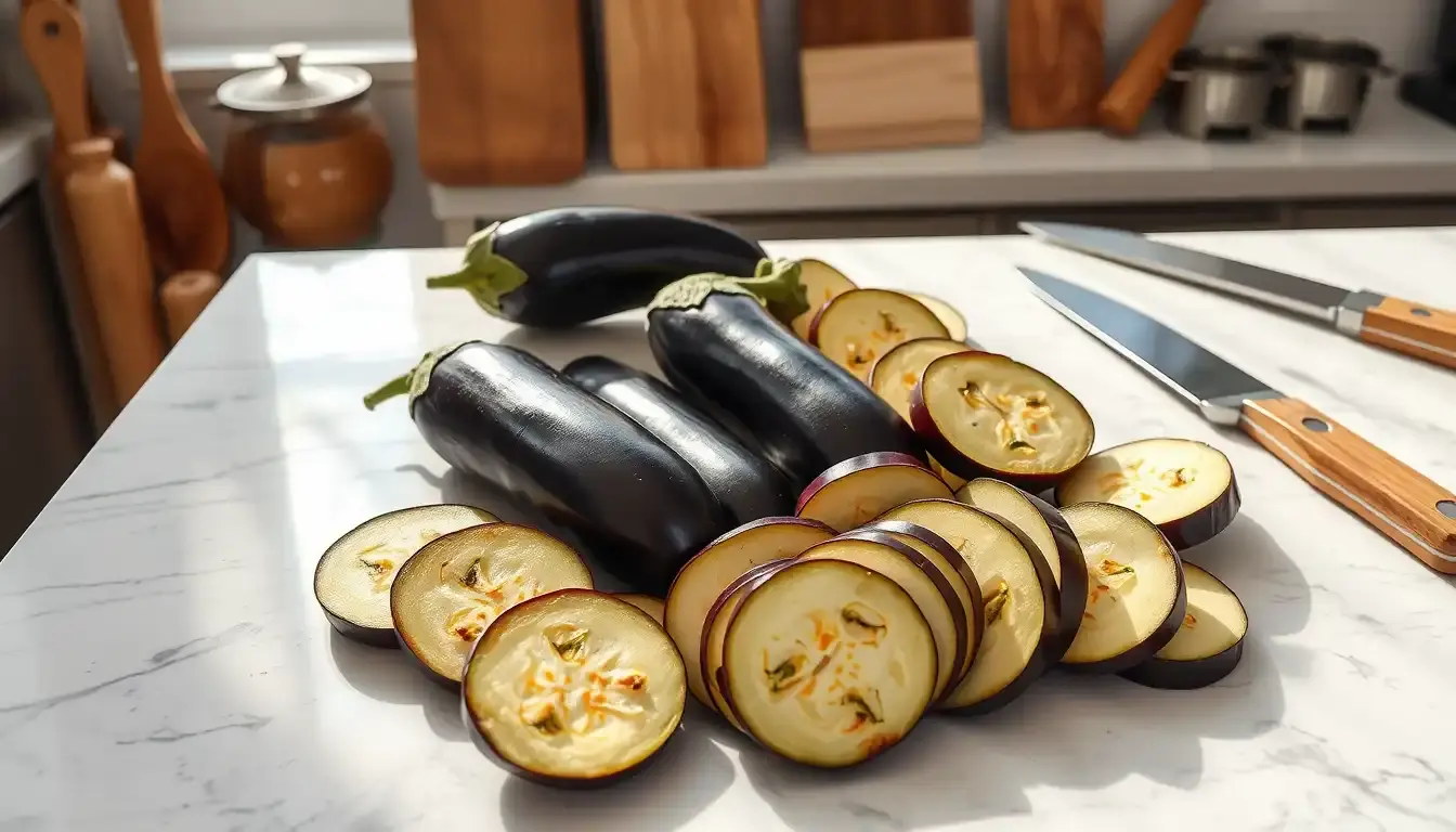 Slices of fresh eggplant on a kitchen counter with professional cooking tools.