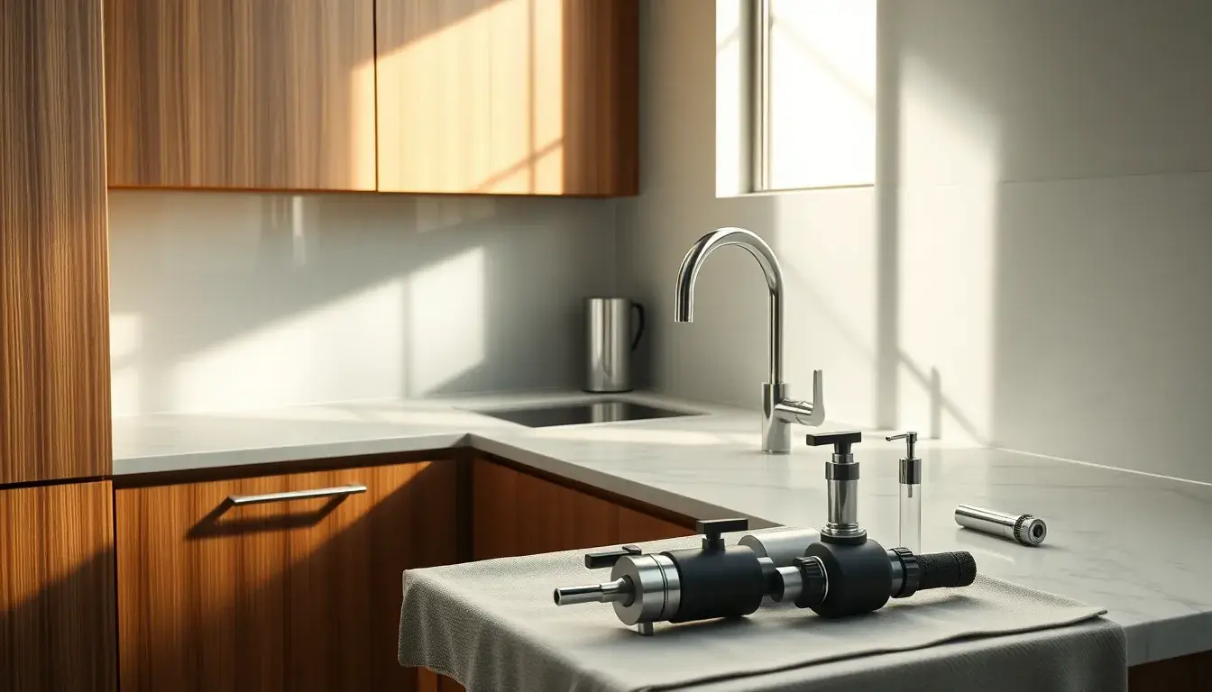 Mobile cucina con lavello moderno in legno con strumenti di installazione professionali.