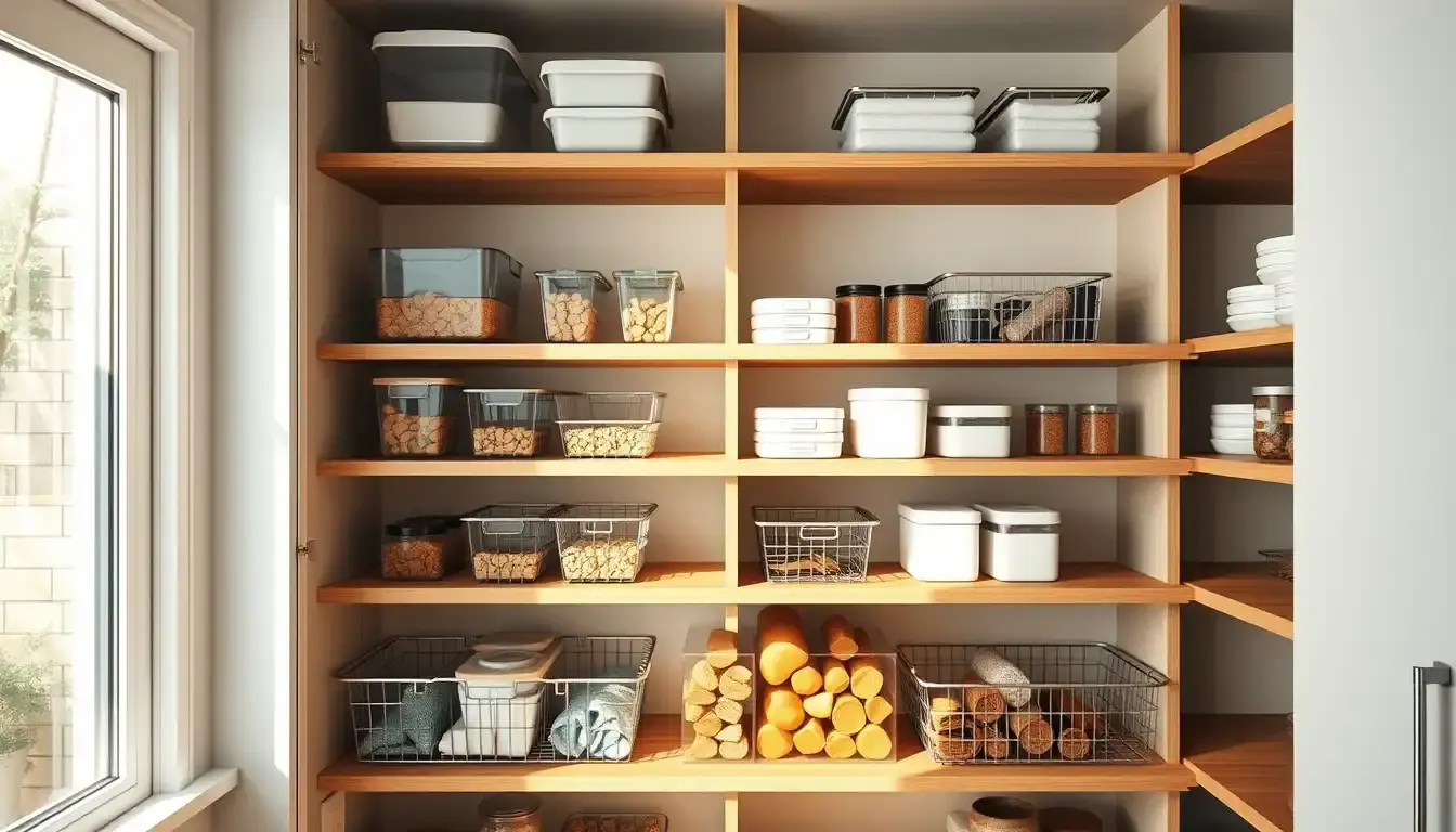 Mobile cucina dispensa organizzato con cestelli in metallo e divisori trasparenti