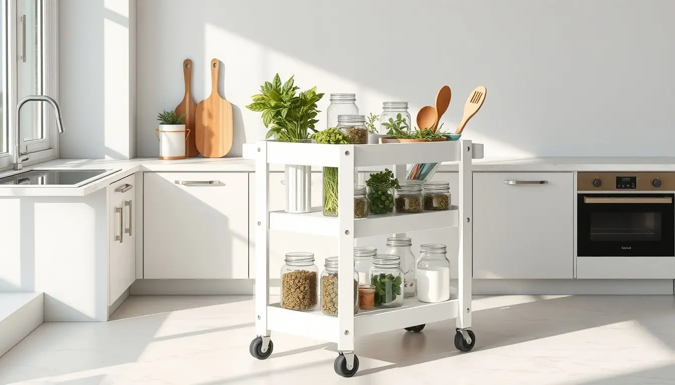 Mobile dispensa per cucina moderno carrello bianco organizzato con barattoli in vetro