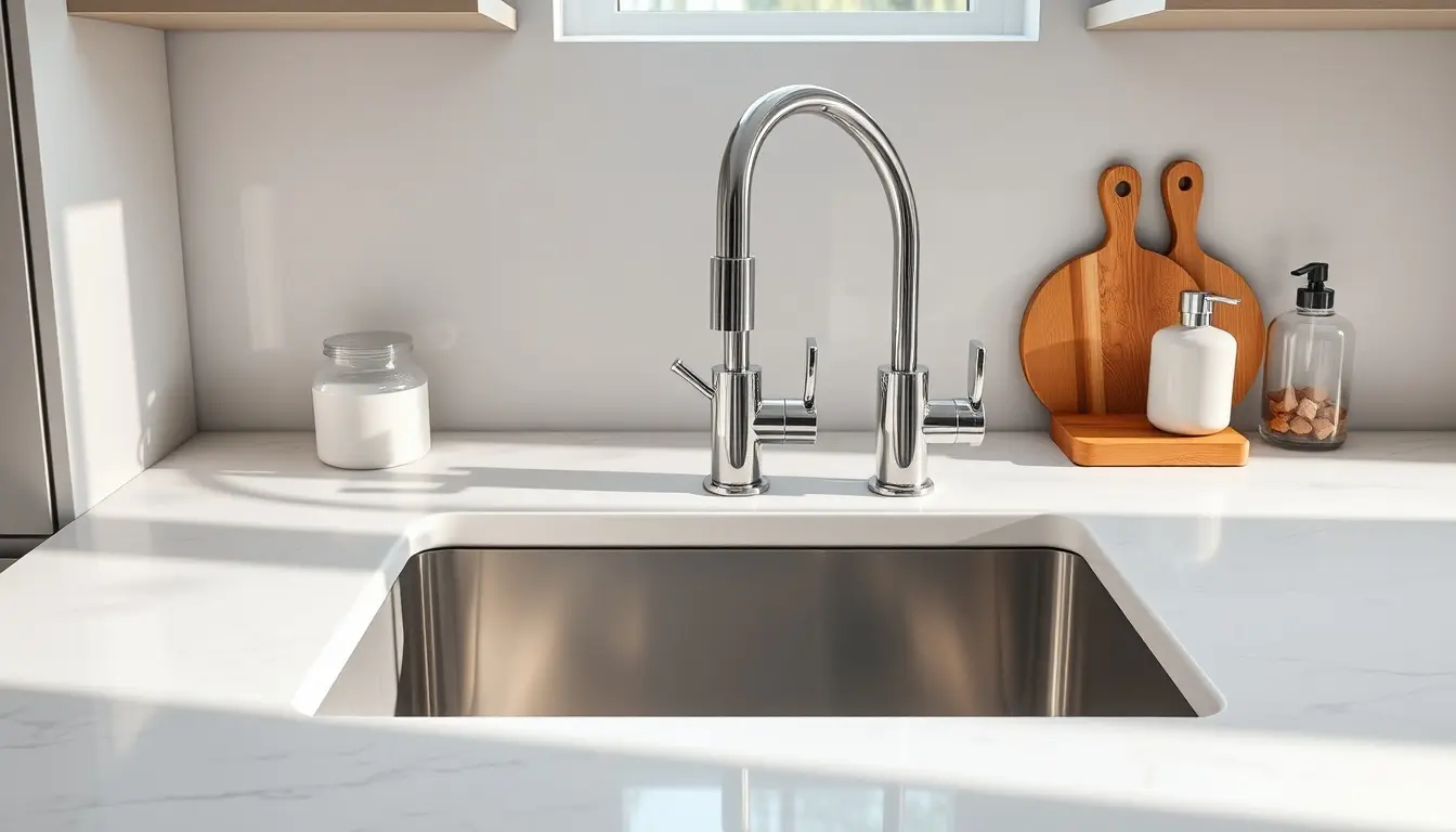 Mobile e lavello cucina moderno con accessori in acciaio inox e dettagli in legno