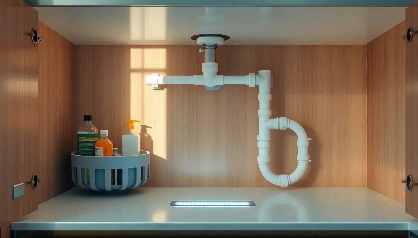 Mobile lavello cucina organizzato con accessori moderni e illuminazione LED sottopensile.