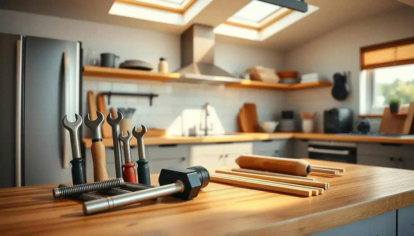 Attrezzi per il montaggio di mobili da cucina disposti su un piano di lavoro moderno in legno.