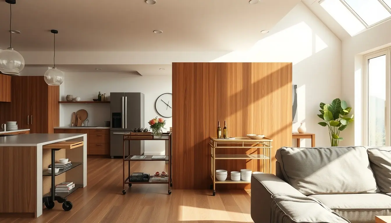 Esempio di open space cucina soggiorno moderno con divisorio in legno e carrello bar elegante.