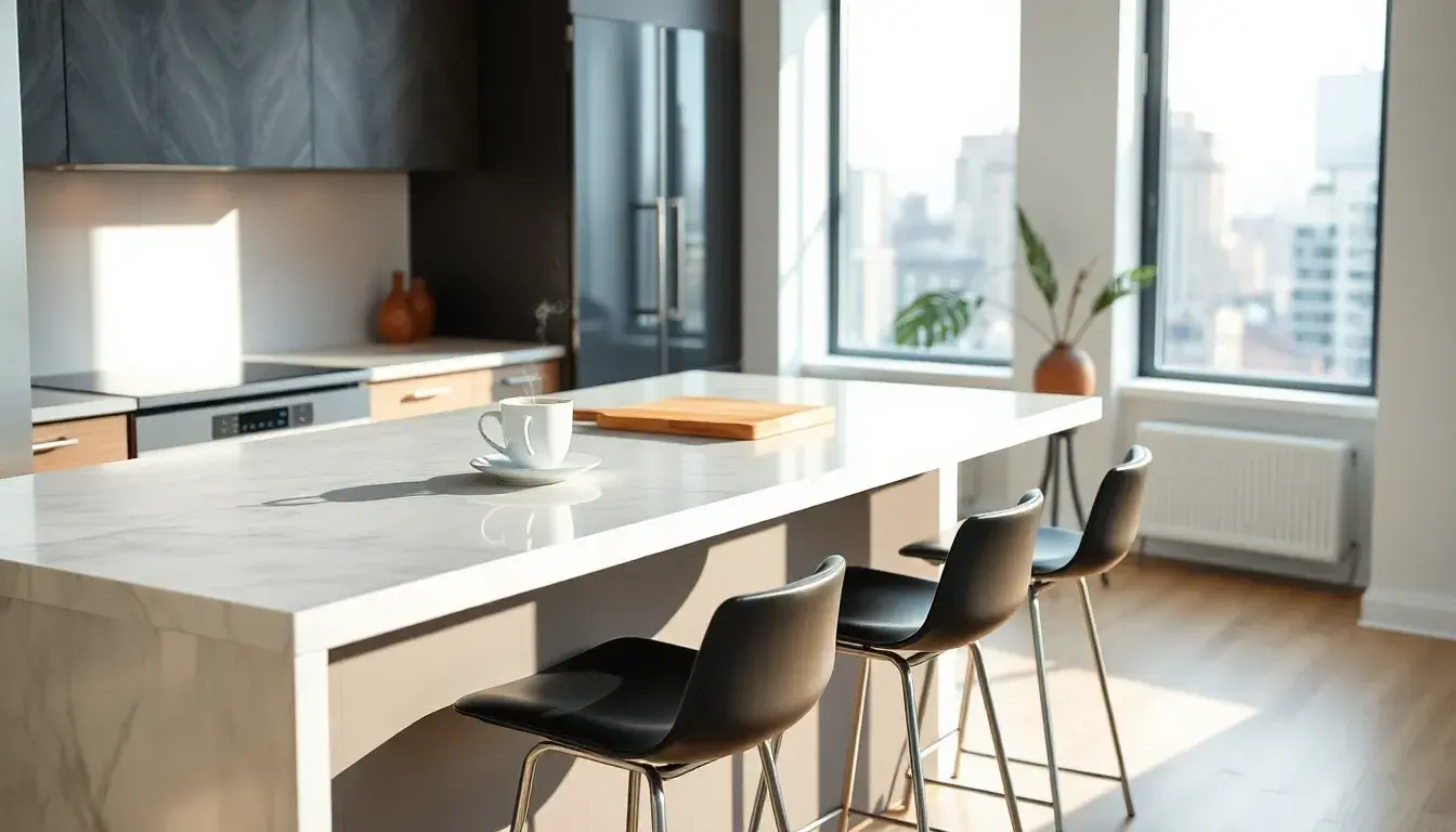 Una moderna penisola da cucina in marmo con sgabelli neri in un ambiente luminoso.
