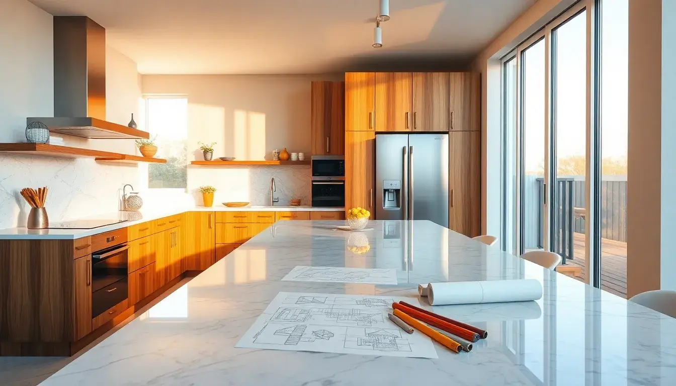 Elegante penisola per cucina in legno con strumenti di progettazione architettonica su piano in marmo