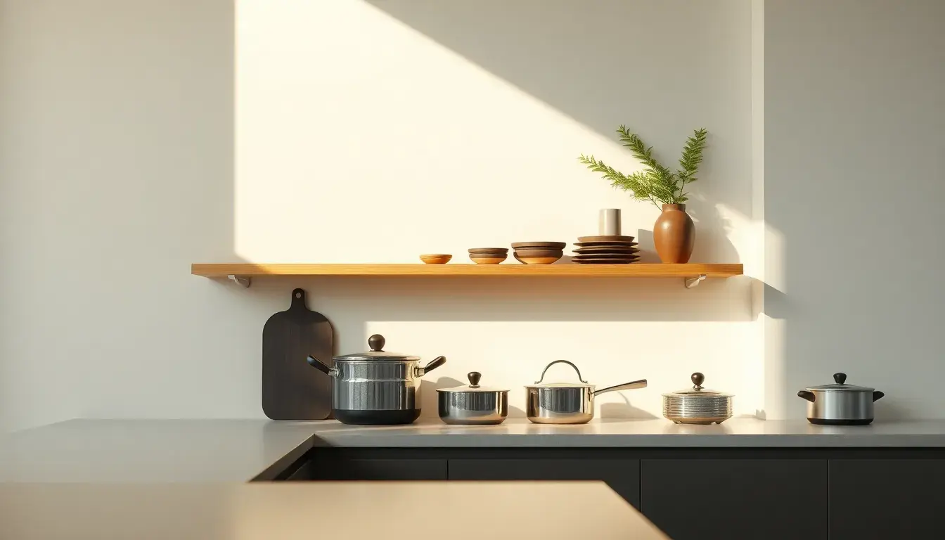 Scaffale cucina in legno con spezie e barattoli su un bancone luminoso