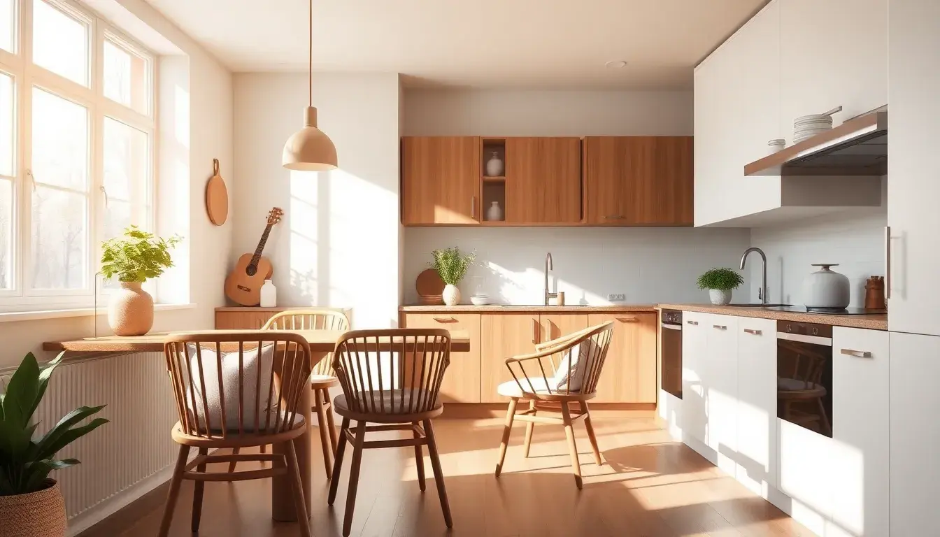 Eleganti sedie per cucina in legno con cuscini in memory foam in una stanza illuminata dal sole
