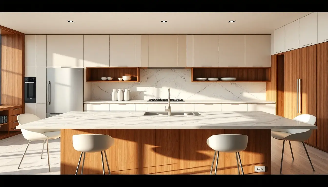 Elegante cucina moderna con sedie minimaliste su un bancone in marmo illuminato dal sole.
