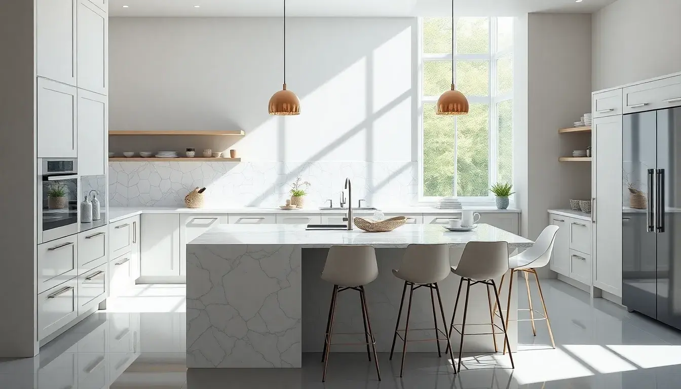 Sgabello cucina elegante in una cucina moderna e luminosa con isola in marmo