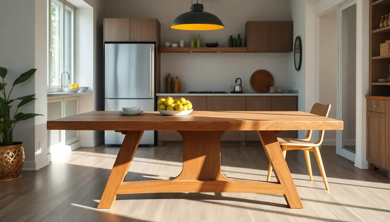 Tavolo da cucina moderno in legno naturale in una stanza luminosa e accogliente con accessori minimalisti.