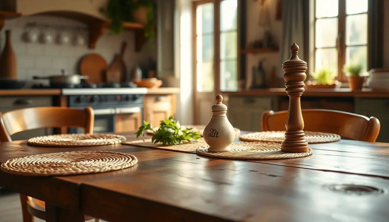 Tavolo di cucina in legno decorato con accessori eleganti e luce naturale.