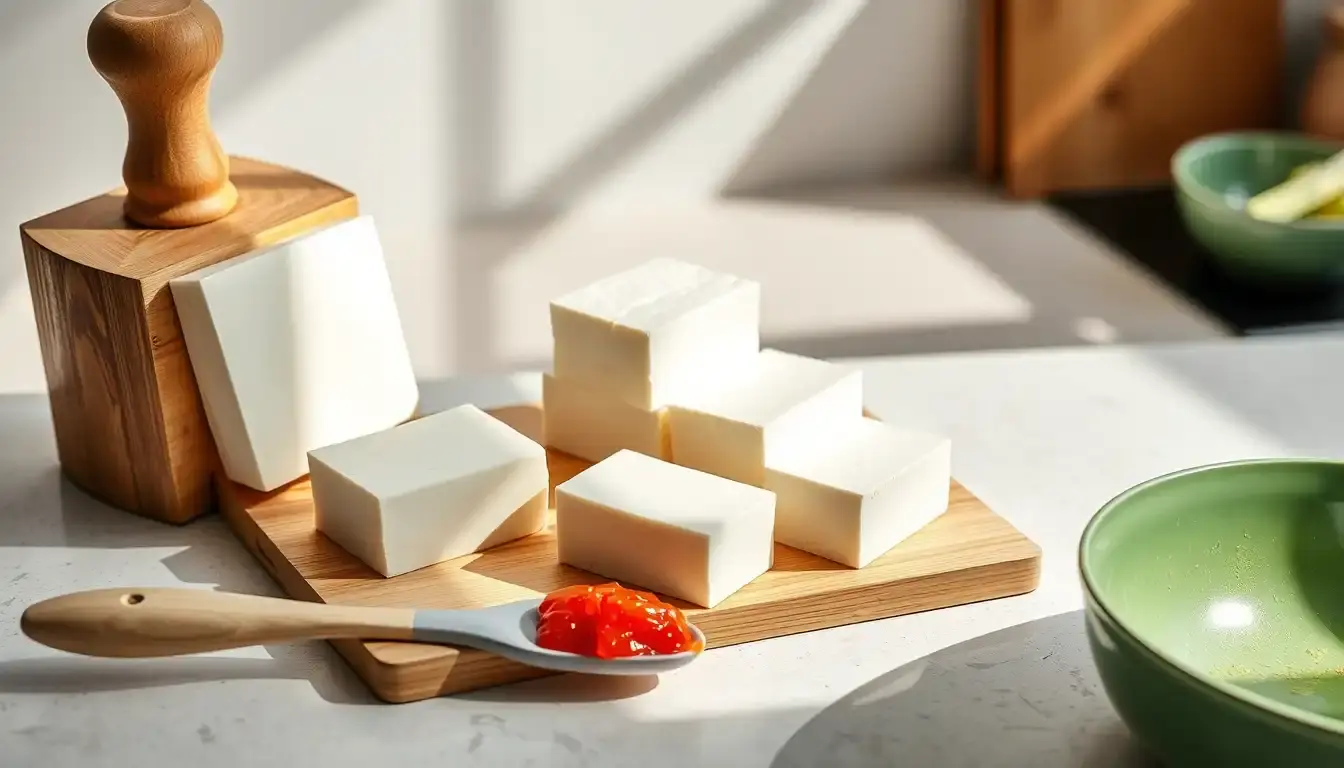 Tofu blocks on a kitchen counter with professional cooking tools and press