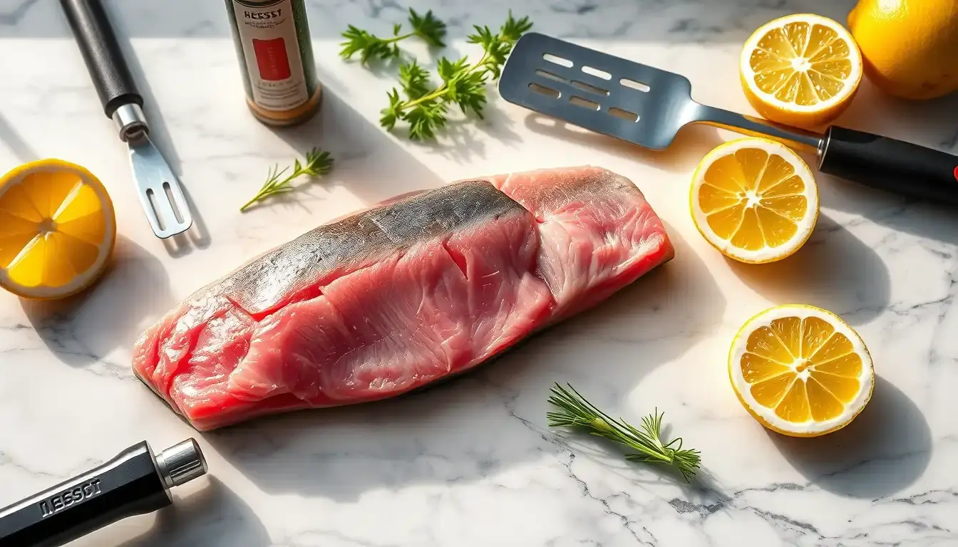 Trancio di tonno fresco su piano in marmo con strumenti professionali da cucina