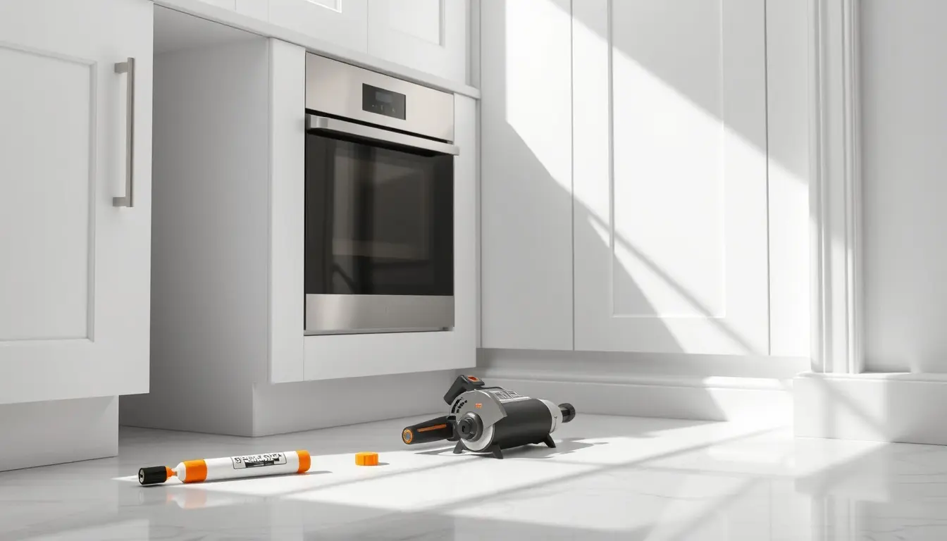 Zoccolo cucina bianco installato sotto mobili moderni con strumenti di precisione su pavimento chiaro.