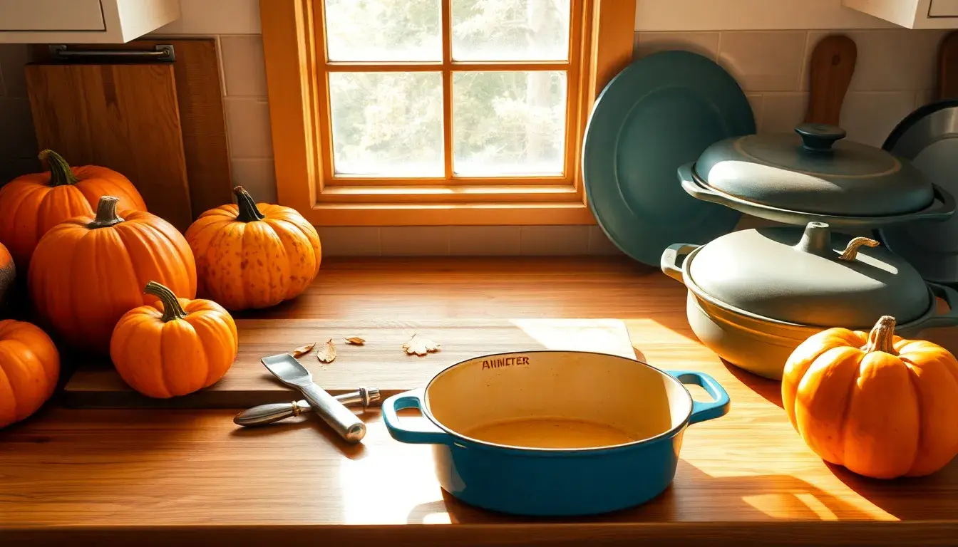 Diverse varietà di zucca su un piano cucina con utensili professionali per la preparazione autunnale.