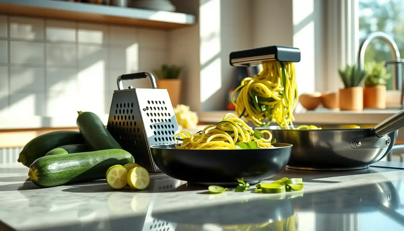Zucchine fresche su un bancone da cucina con spiralizzatore e padella antiaderente