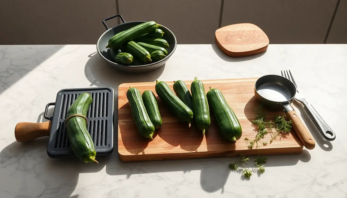Composizione di melanzane fresche e utensili professionali su bancone da cucina in marmo.