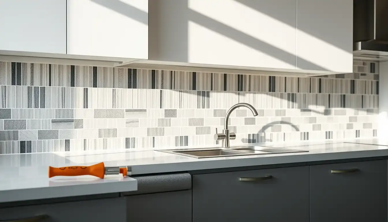 Alzatina per cucina moderna con piastrelle adesive e strumenti di installazione professionali