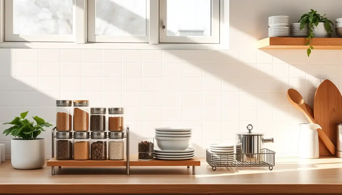 Alzatine per cucina in legno e metallo su un bancone moderno soleggiato