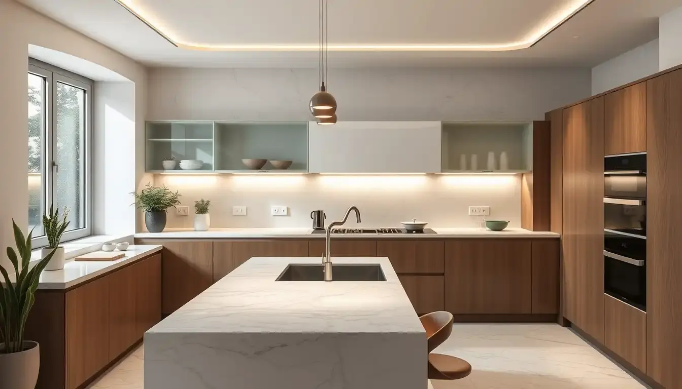 Angolo cucina organizzato con scaffali in vetro e accessori moderni salvospazio