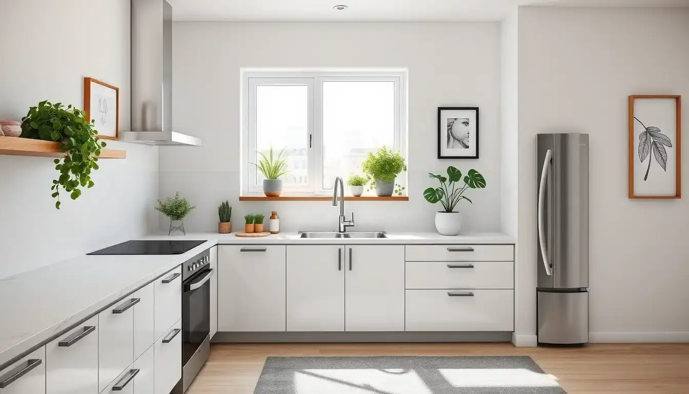 Cucina moderna luminosa con decorazioni eleganti e strumenti per arredare una cucina con stile