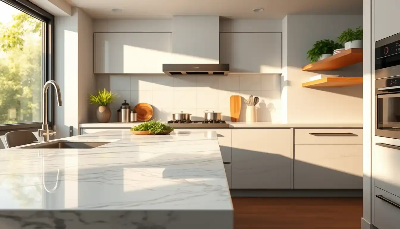 Top per cucine moderno in marmo e quarzo con luce naturale e accessori.