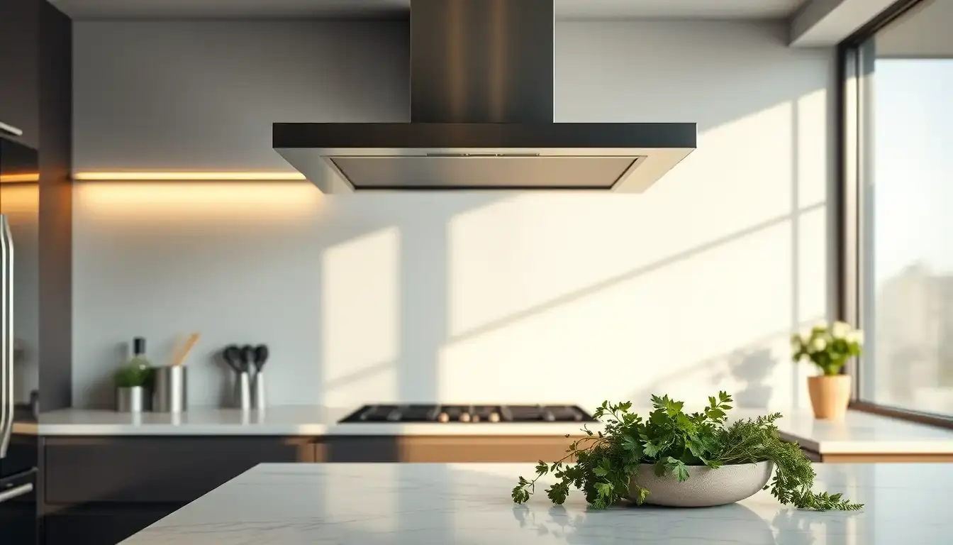 Cappa per cucina moderna in acciaio inossidabile su piano di lavoro in marmo