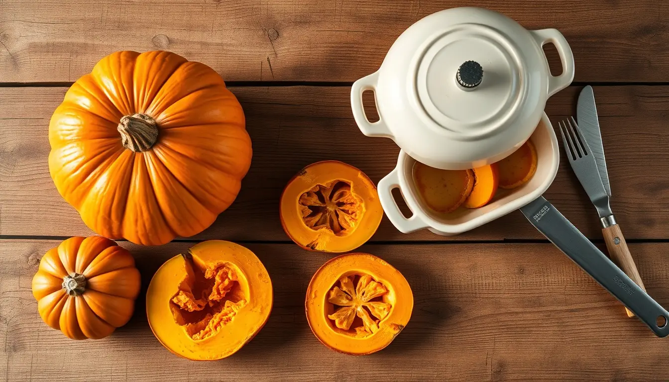 Tavolo da cucina rustico con zucca intera, fette arrosto e utensili da cucina autunnali