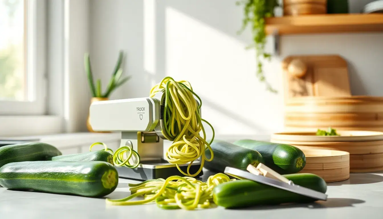 Zucchine fresche e strumenti da cucina su un bancone luminoso in marmo.