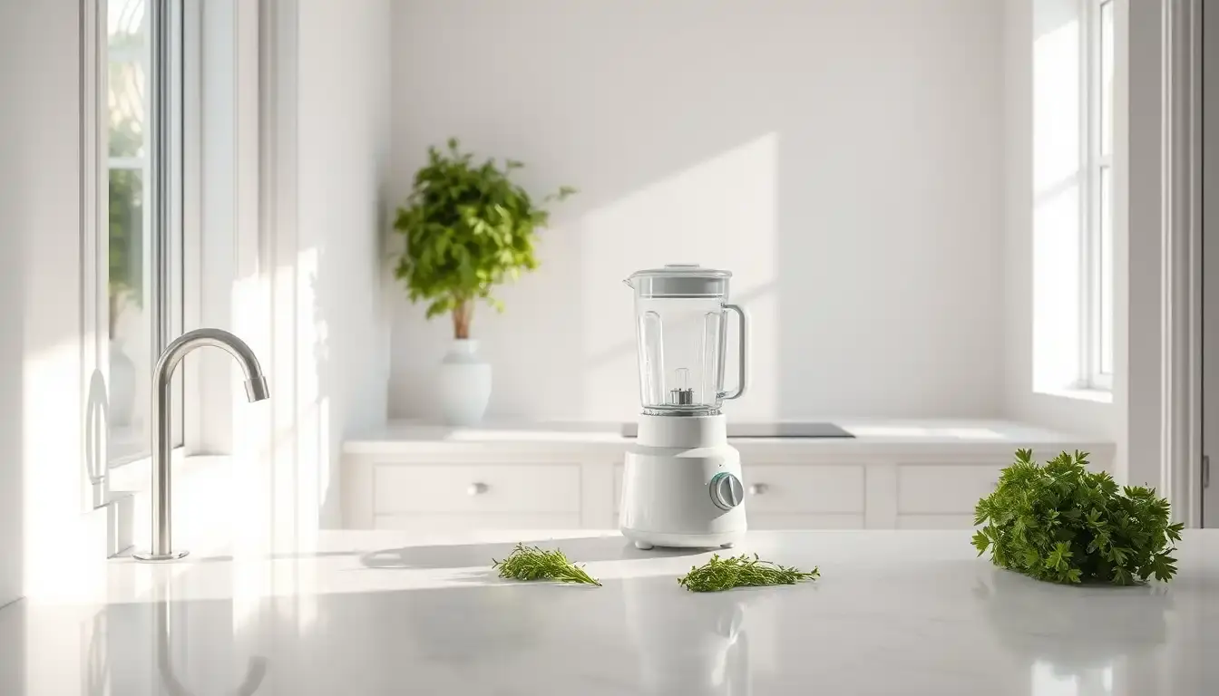Cucina bianca moderna e luminosa con frullatore bianco su piano in marmo