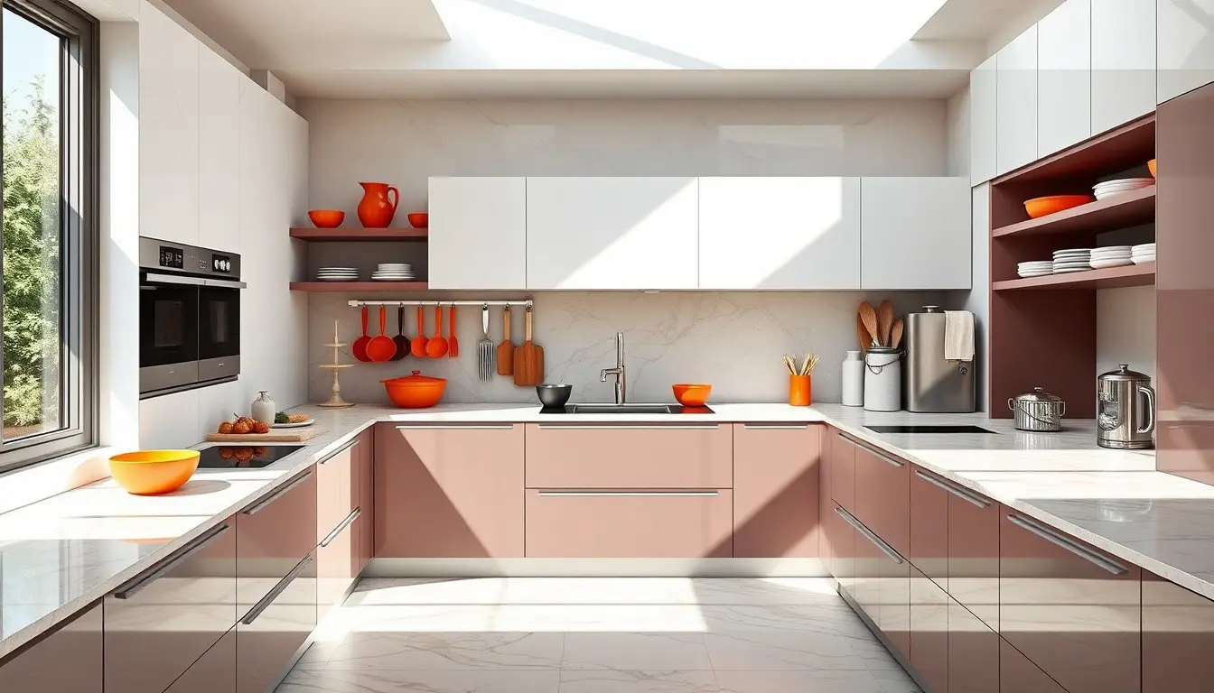 Set di utensili colorati e kit professionali su un piano cucina moderno per una cucina completa.