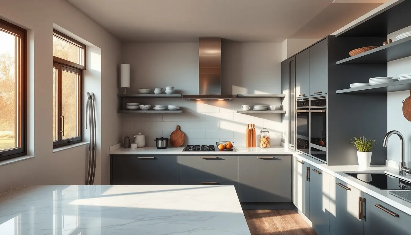 Cucina componibile moderna con sistemi di organizzazione modulare su un piano di lavoro in marmo